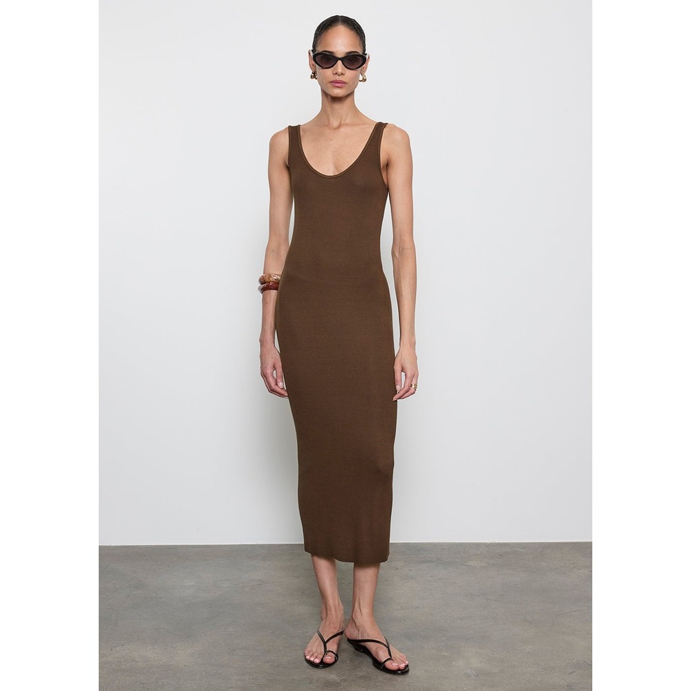 ENZA COSTA Silk Rib Midi Tank Dress Women Medium Brown Sleeveless Bodycon Resort